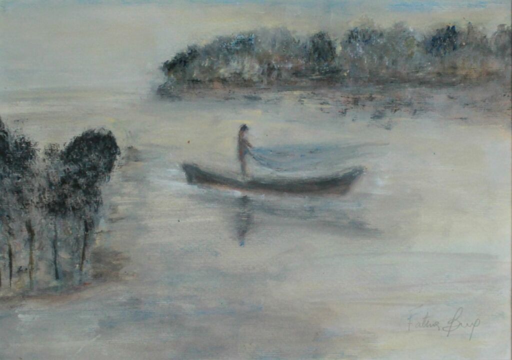 Pescador no rio jogando uma rede.